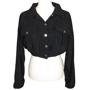 Halara Black Corduroy Button Up Elastic Waist Cropped Jacket Size Medium
